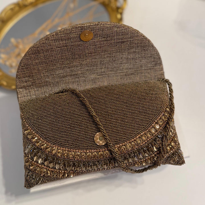 Golden Age | Crystal Embellished Bronze Bridal Handmade Evening Wristlet Clutch | Envelope Clutch