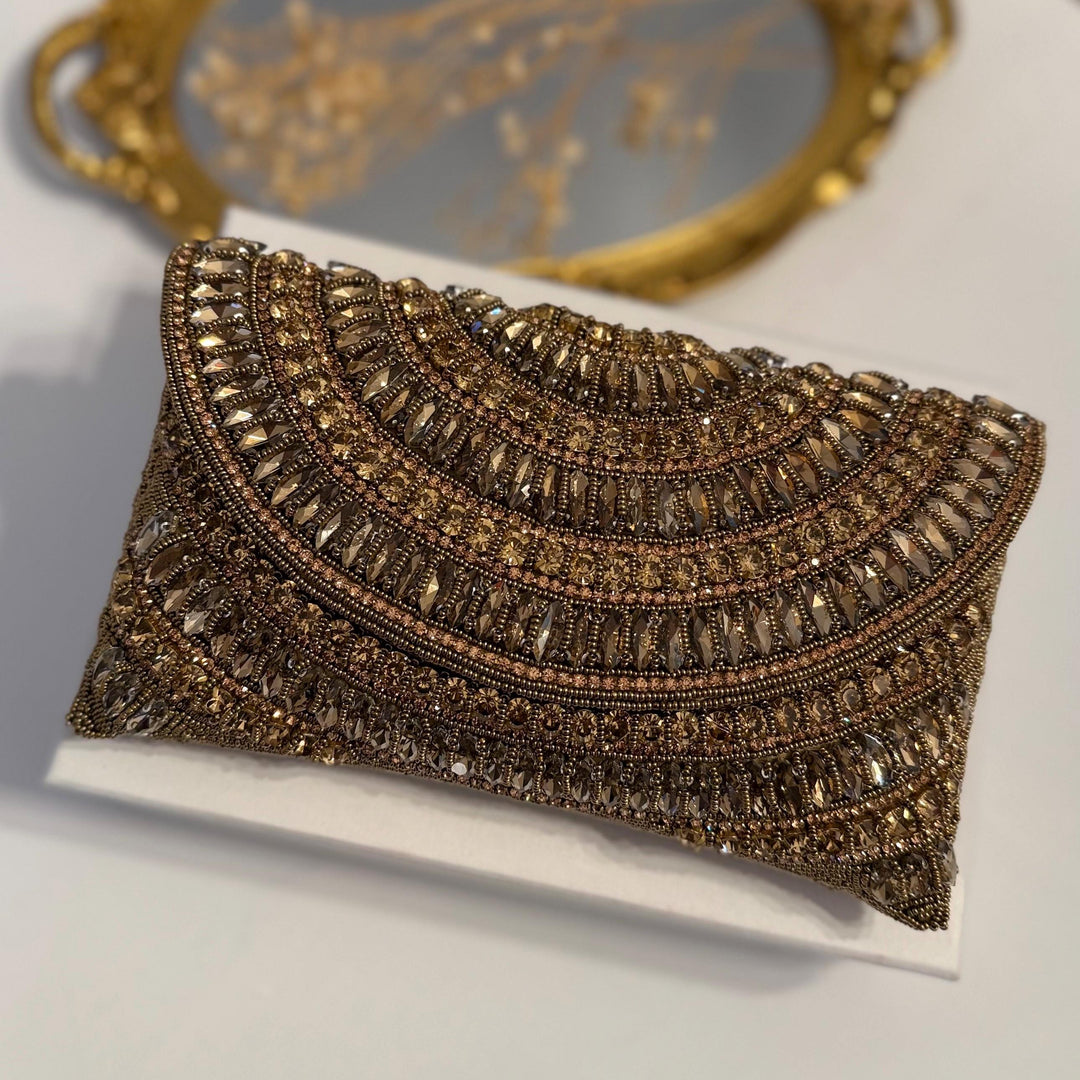 Golden Age | Crystal Embellished Bronze Bridal Handmade Evening Wristlet Clutch | Envelope Clutch