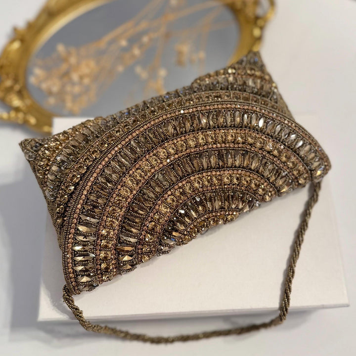 Golden Age | Crystal Embellished Bronze Bridal Handmade Evening Wristlet Clutch | Envelope Clutch