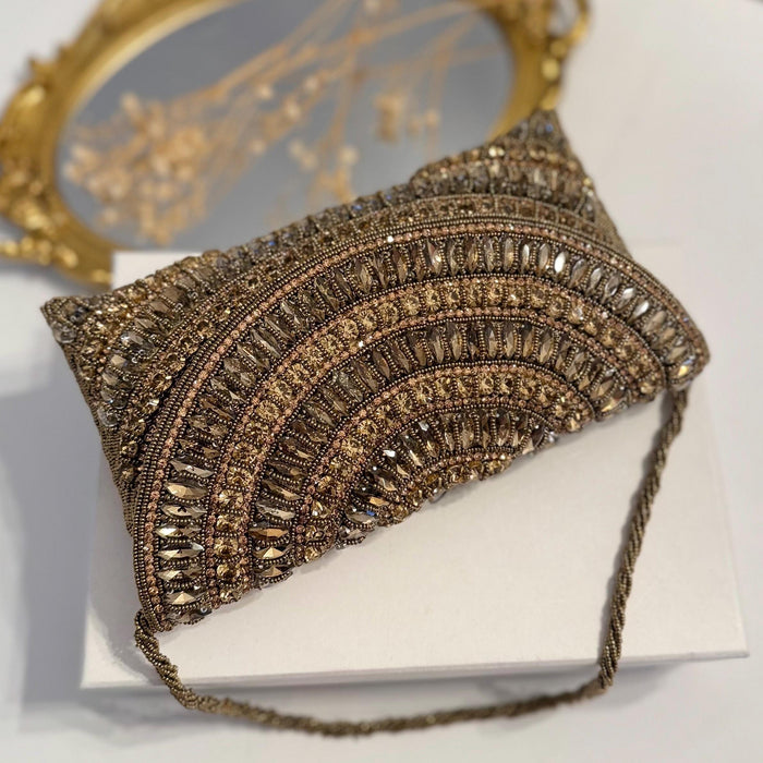 Golden Age | Crystal Embellished Bronze Bridal Handmade Evening Wristlet Clutch | Envelope Clutch