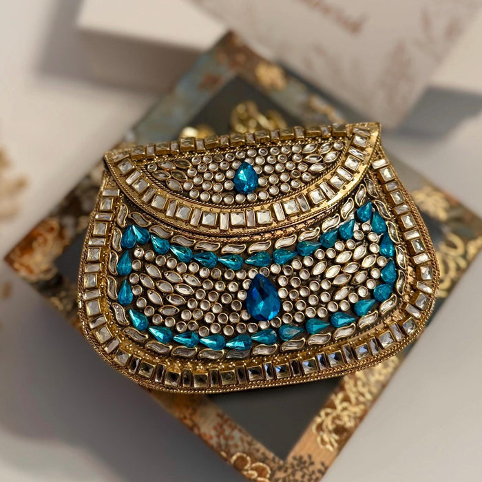 Blue Kundan Clutch Mini Metal Statement Bag