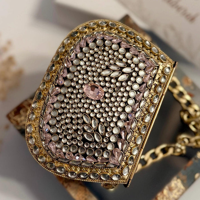Pink Kundan Mini Clutch: Metal Statement Bag