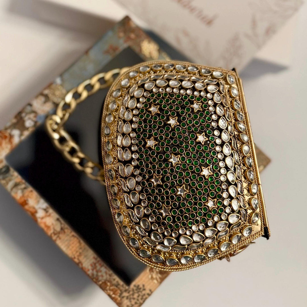 Green Kundan Clutch: Mini Metal Statement Bag
