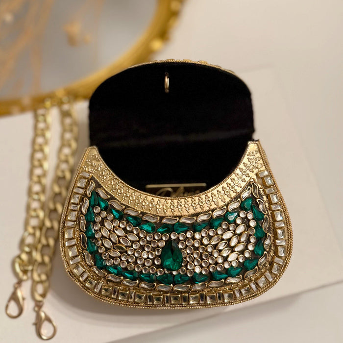 Green Kundan Stone Clutch: Mini Metal Statement Bag