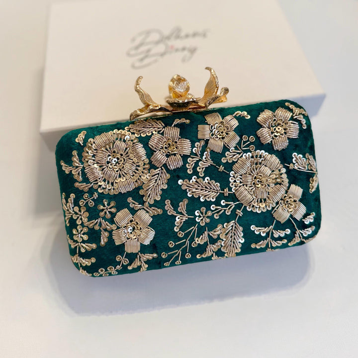 Emerald Green Velvet Clutch: Handmade Zardozi Embroidered Box Clutch