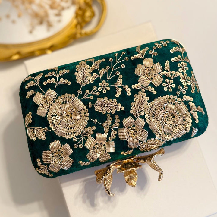 Emerald Green Velvet Clutch: Handmade Zardozi Embroidered Box Clutch