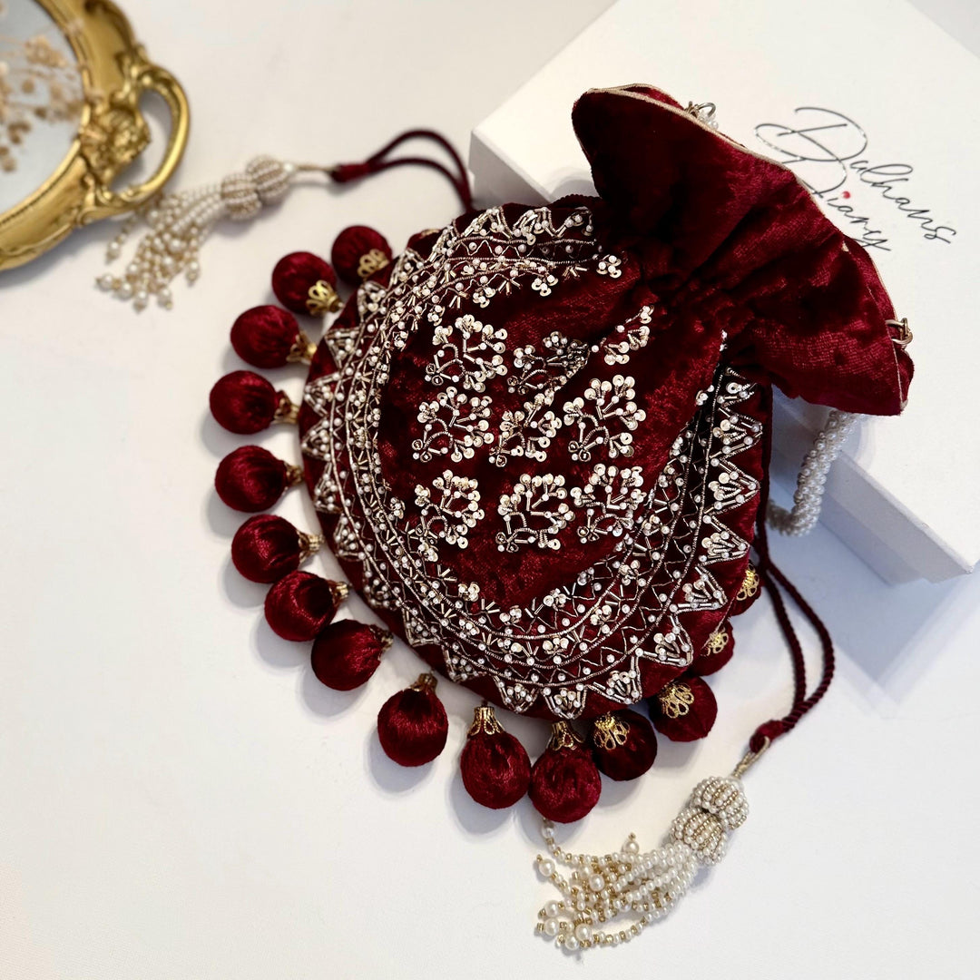 Handmade Maroon Velvet Potli Bag: Embroidered Bridal Clutch