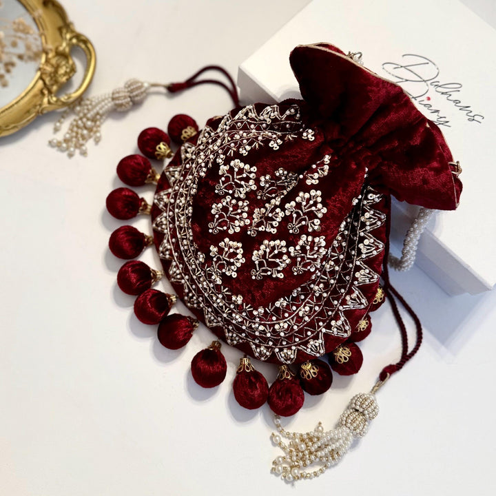 Handmade Maroon Velvet Potli Bag: Embroidered Bridal Clutch