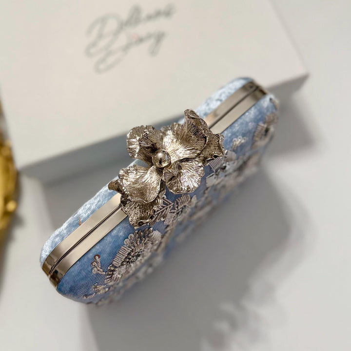 Powder Blue Zardozi Clutch: Handmade Velvet Indian Bridal Clutch