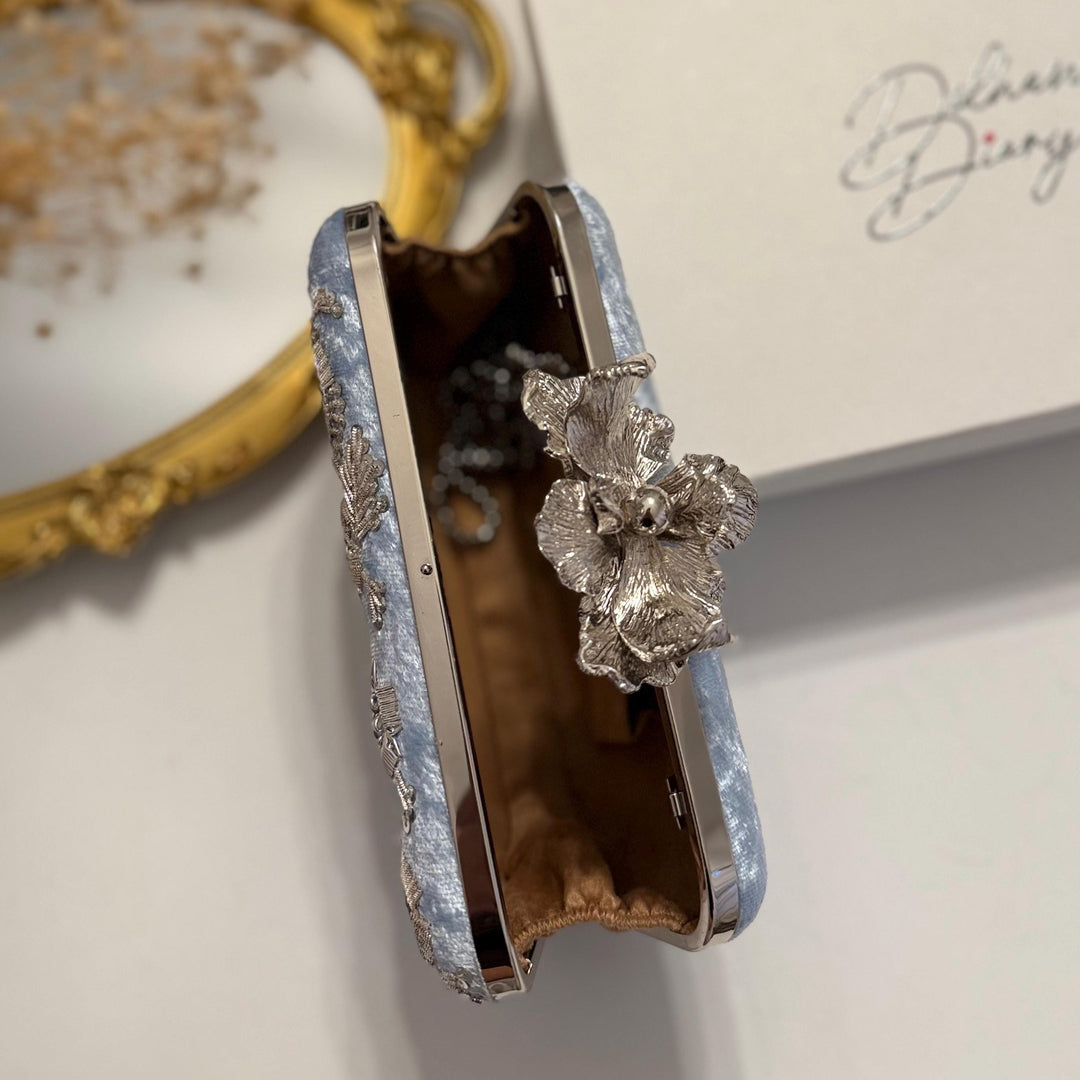 Powder Blue Zardozi Clutch: Handmade Velvet Indian Bridal Clutch