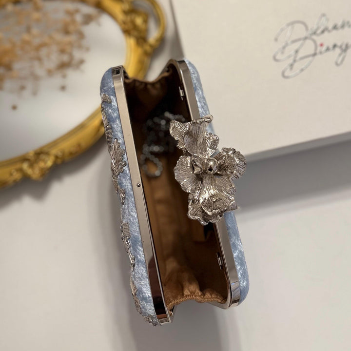 Powder Blue Zardozi Clutch: Handmade Velvet Indian Bridal Clutch