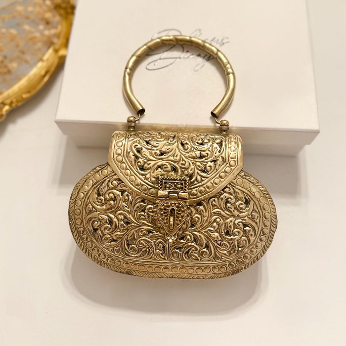 14k Gold Plated Pure Brass Clutch - Vintage Style Top Handle Clutch