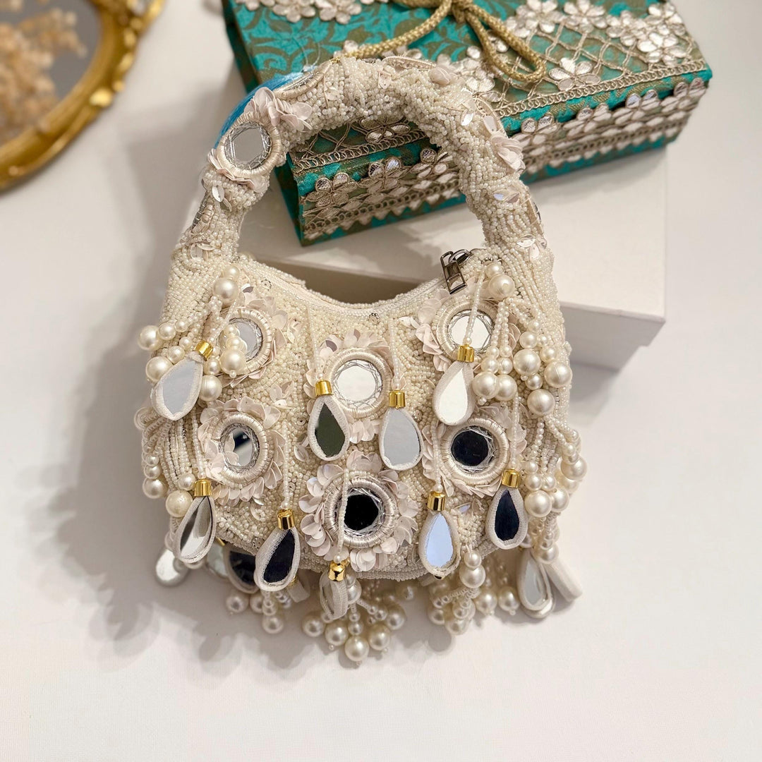 Ivory Beaded Bridal Top Handle Bag: Mirror Work Potli Bag