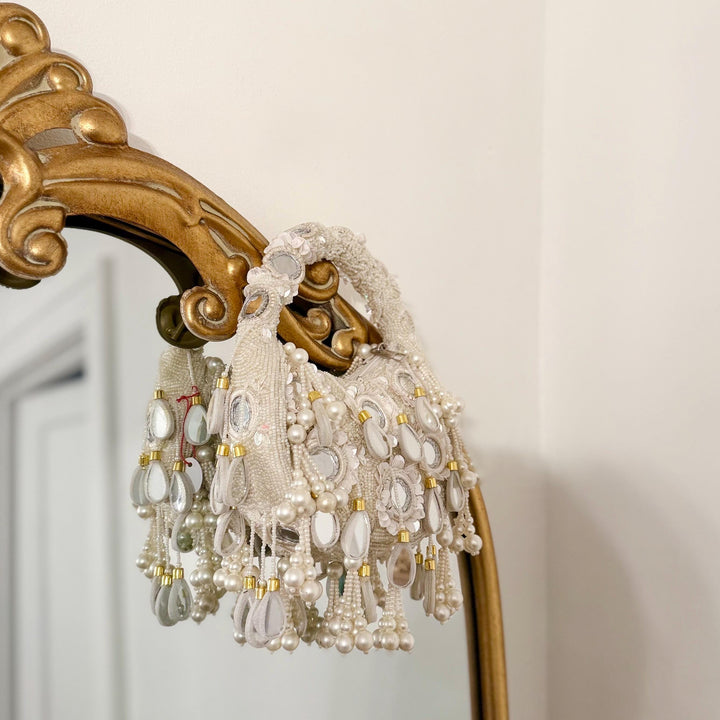 Ivory Beaded Bridal Top Handle Bag: Mirror Work Potli Bag