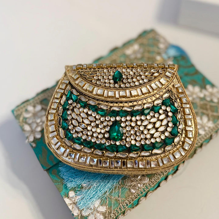 Green Kundan Stone Clutch: Mini Metal Statement Bag