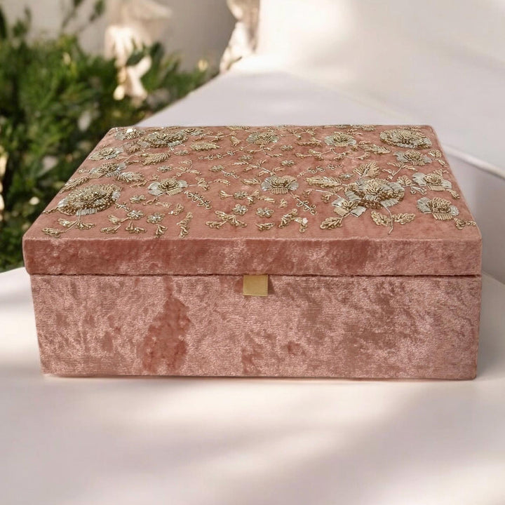 Handmade White Velvet Trousseau Box: Bridal Keepsake with Zardozi Embroidery
