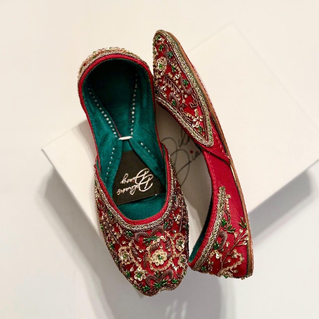Handmade Deep Red Velvet Bridal Khussa Jutti: Pakistani Wedding Shoes