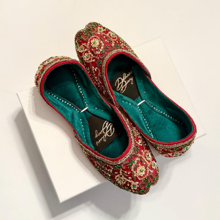 Handmade Deep Red Velvet Bridal Khussa Jutti: Wedding Shoes