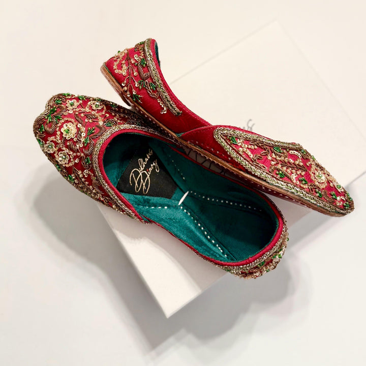 Handmade Deep Red Velvet Bridal Khussa Jutti: Pakistani Wedding Shoes