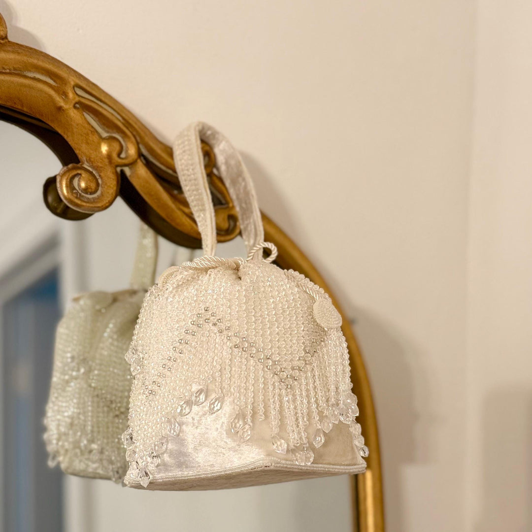 Handmade Crystal Bridal Potli Bag: Ivory Indian Evening Clutch