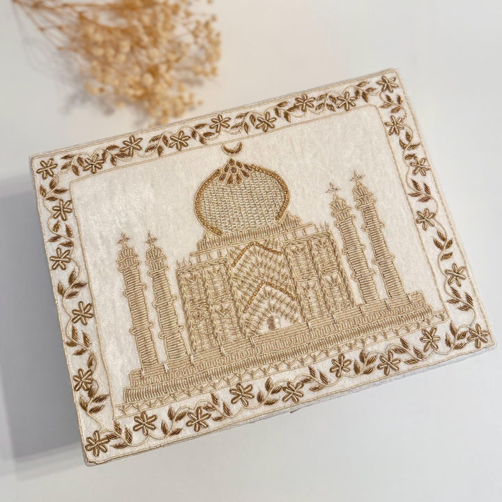 Taj Mahal Inspired Bridal Keepsake Box: Gold Zardozi Embroidered Velvet Jewelry Storage