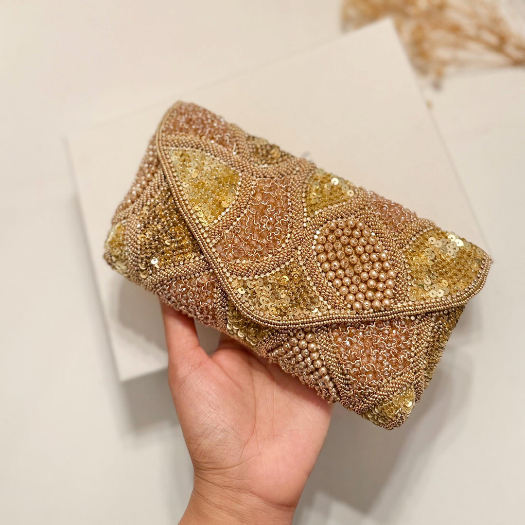 Gold Beaded Bridal Clutch: Sequin & Crystal Evening Bag