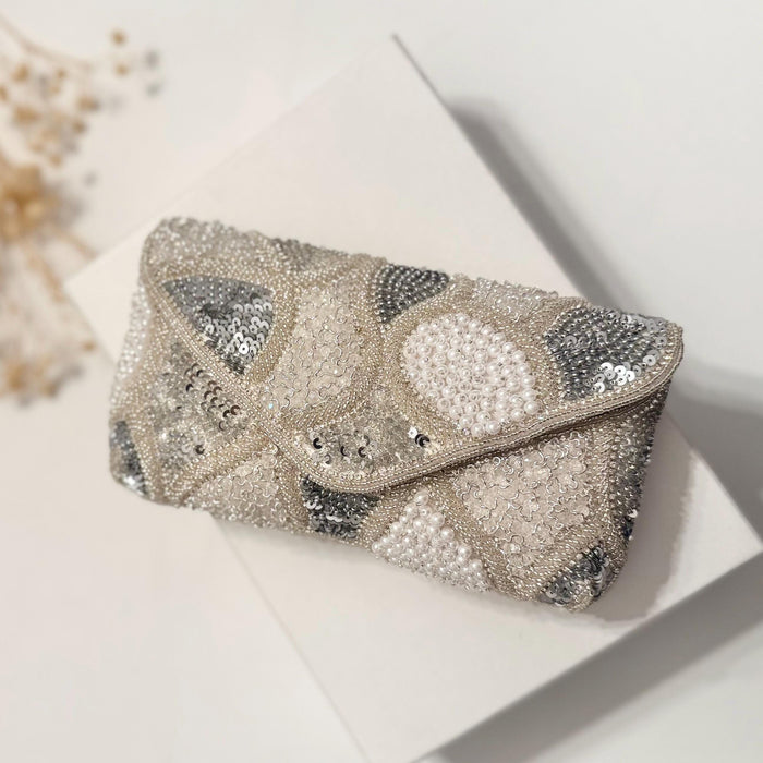 Beaded Bridal Clutch: Silver Gray White Sequin Evening Bag