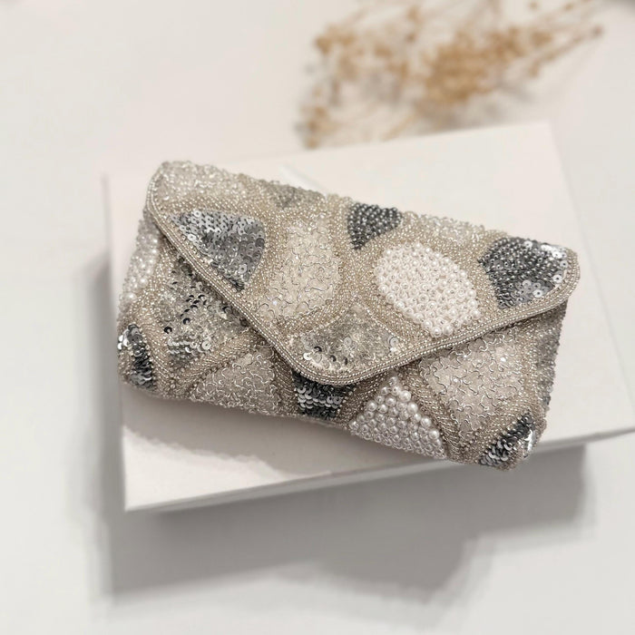 Beaded Bridal Clutch: Silver Gray White Sequin Evening Bag
