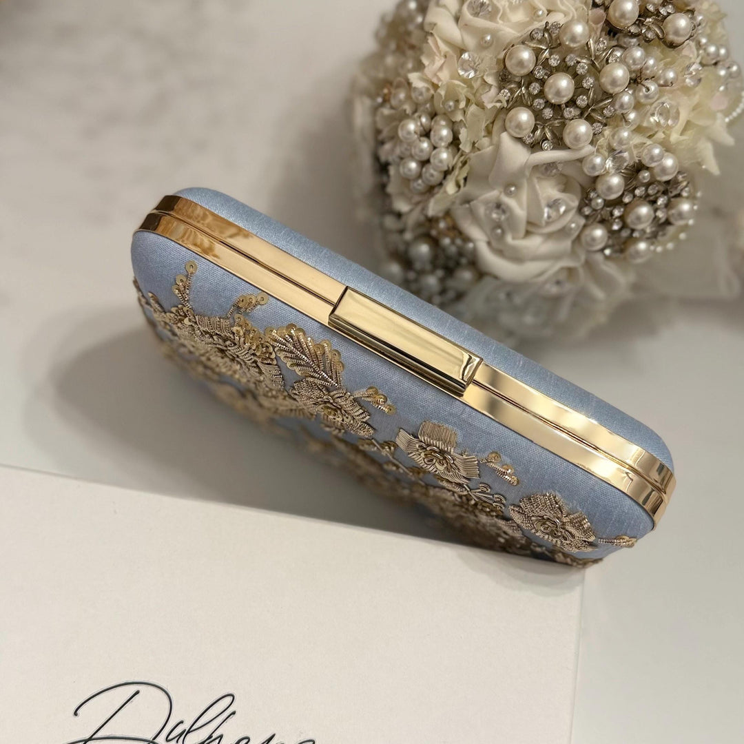 Powder Blue Bridal Clutch: Handmade Zardozi Floral Embroidery