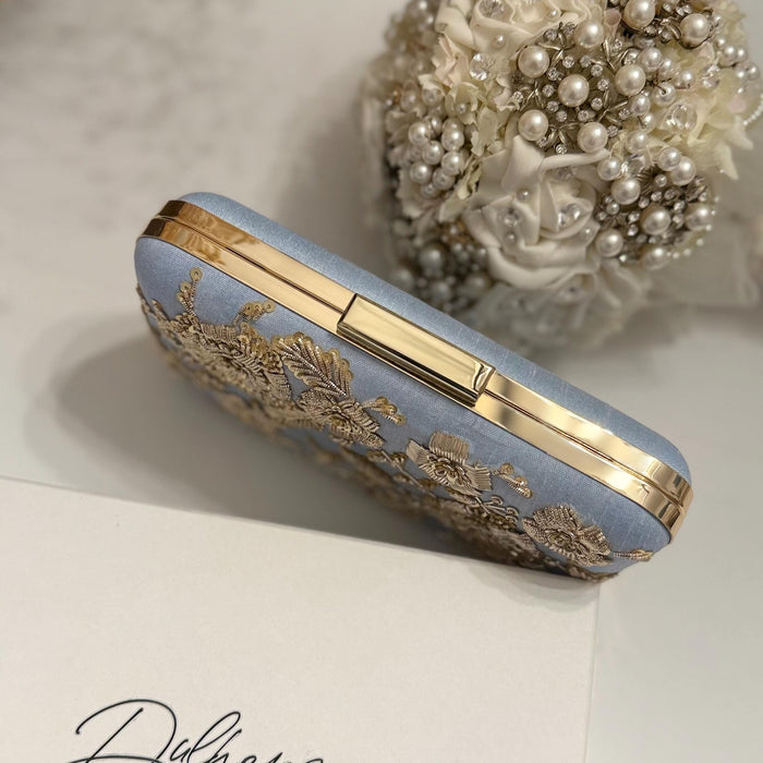 Powder Blue Bridal Clutch: Handmade Zardozi Floral Embroidery