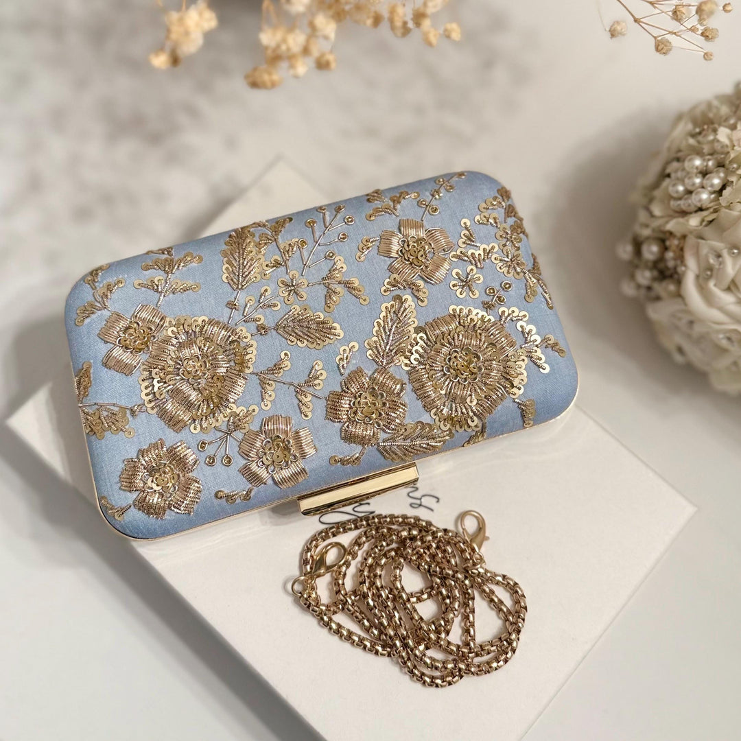Powder Blue Bridal Clutch: Handmade Zardozi Floral Embroidery
