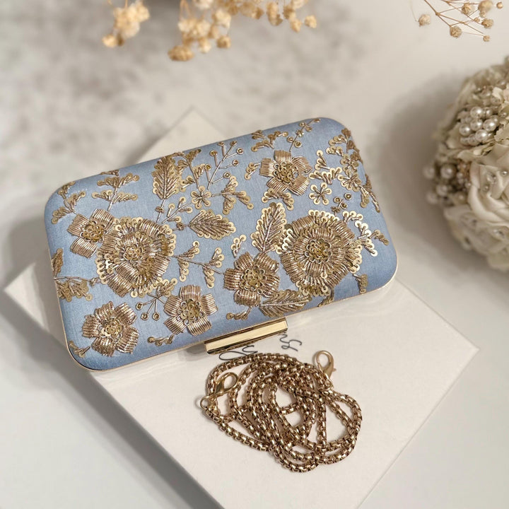 Powder Blue Bridal Clutch: Handmade Zardozi Floral Embroidery