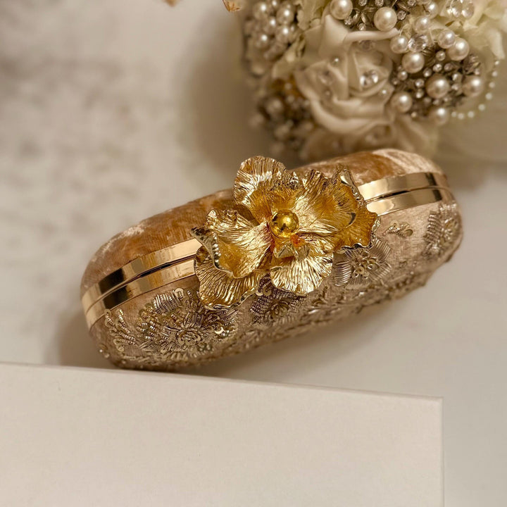 Champagne Gold Zardozi Clutch: Bridal Wedding Evening Bag