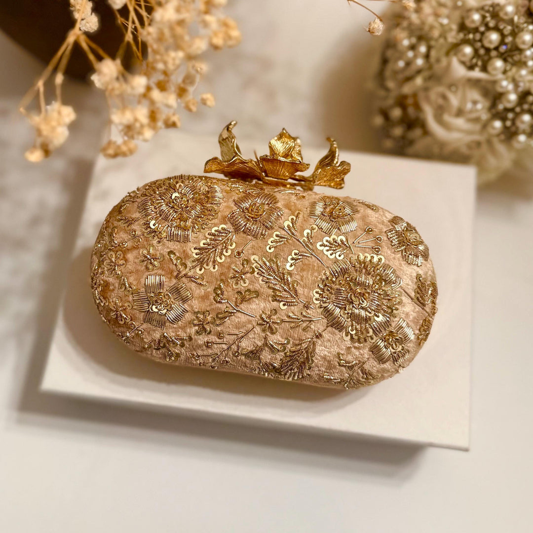 Champagne Gold Zardozi Clutch: Bridal Wedding Evening Bag