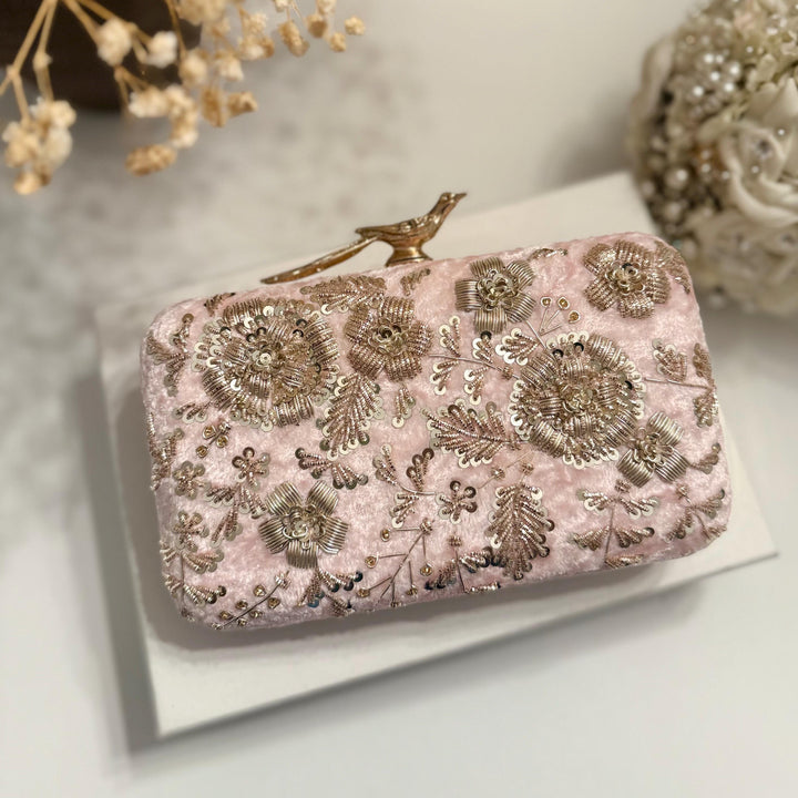 Handmade Zardozi Embroidered Velvet Clutch: Pastel Pink Evening Bag