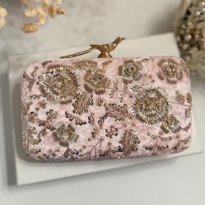 Handmade Zardozi Embroidered Velvet Clutch: Pastel Pink Evening Bag