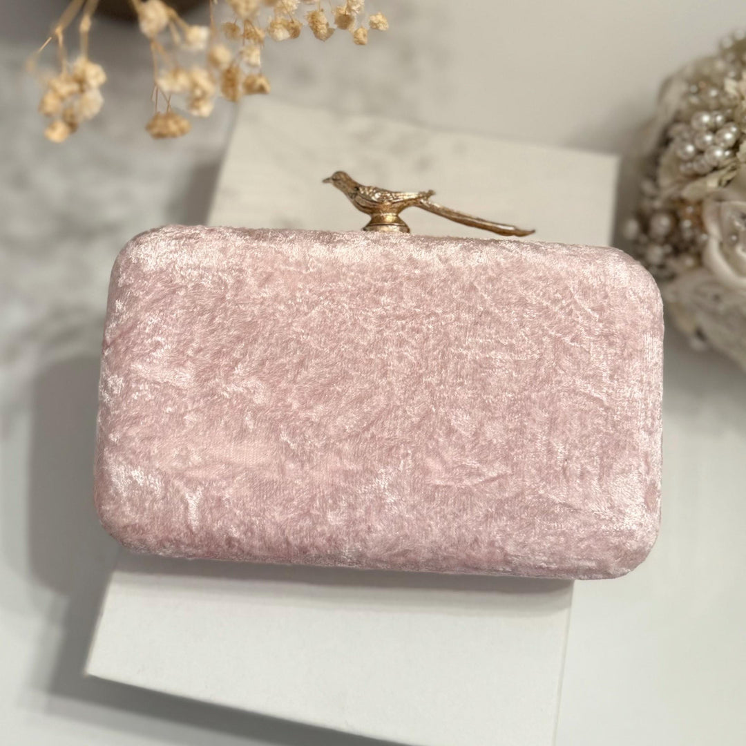 Handmade Zardozi Embroidered Velvet Clutch: Pastel Pink Evening Bag