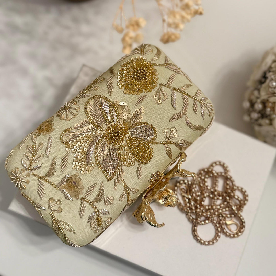 Sage Green Zardozi Clutch: Handmade Indian Box Clutch with Wristlet