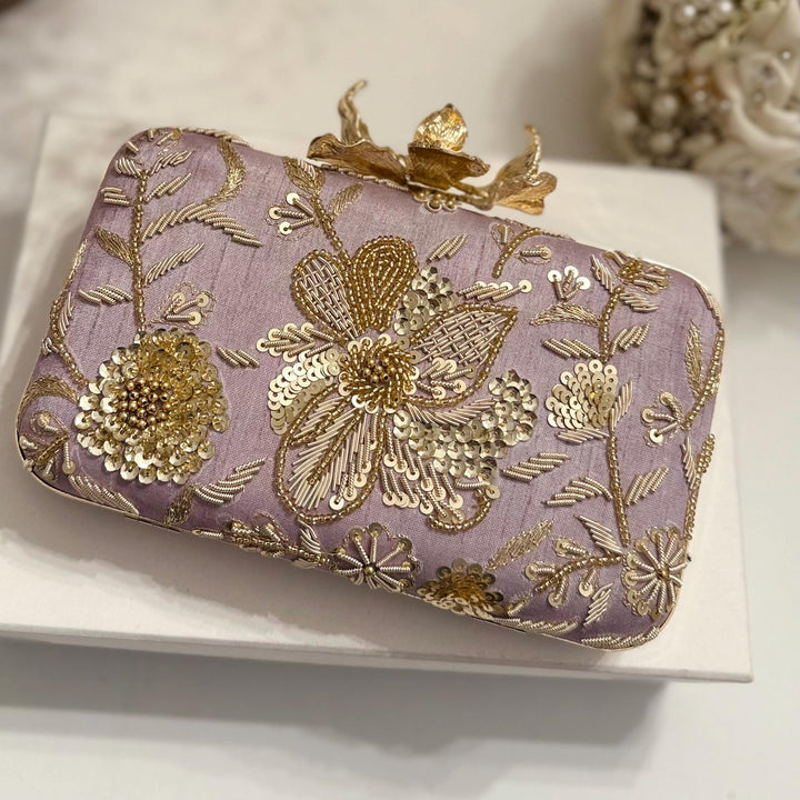 Lavender Zardozi Clutch: Handmade Embroidered Box Clutch
