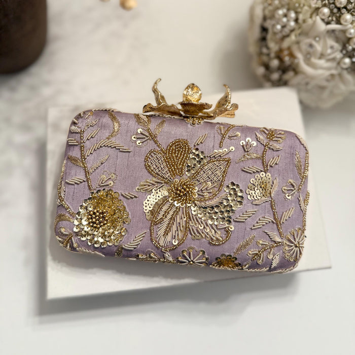 Lavender Zardozi Clutch: Handmade Embroidered Box Clutch