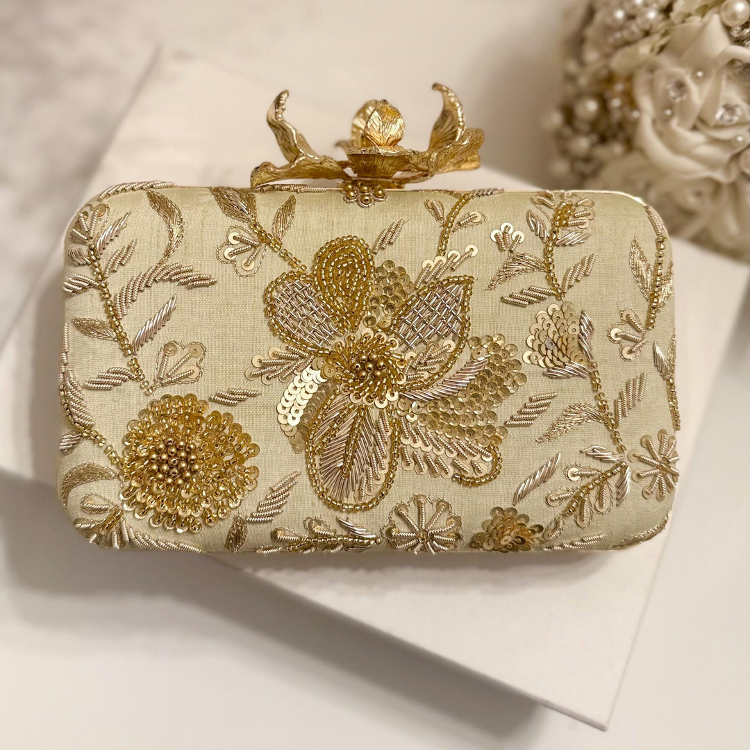 Sage Green Zardozi Clutch: Handmade Indian Box Clutch with Wristlet