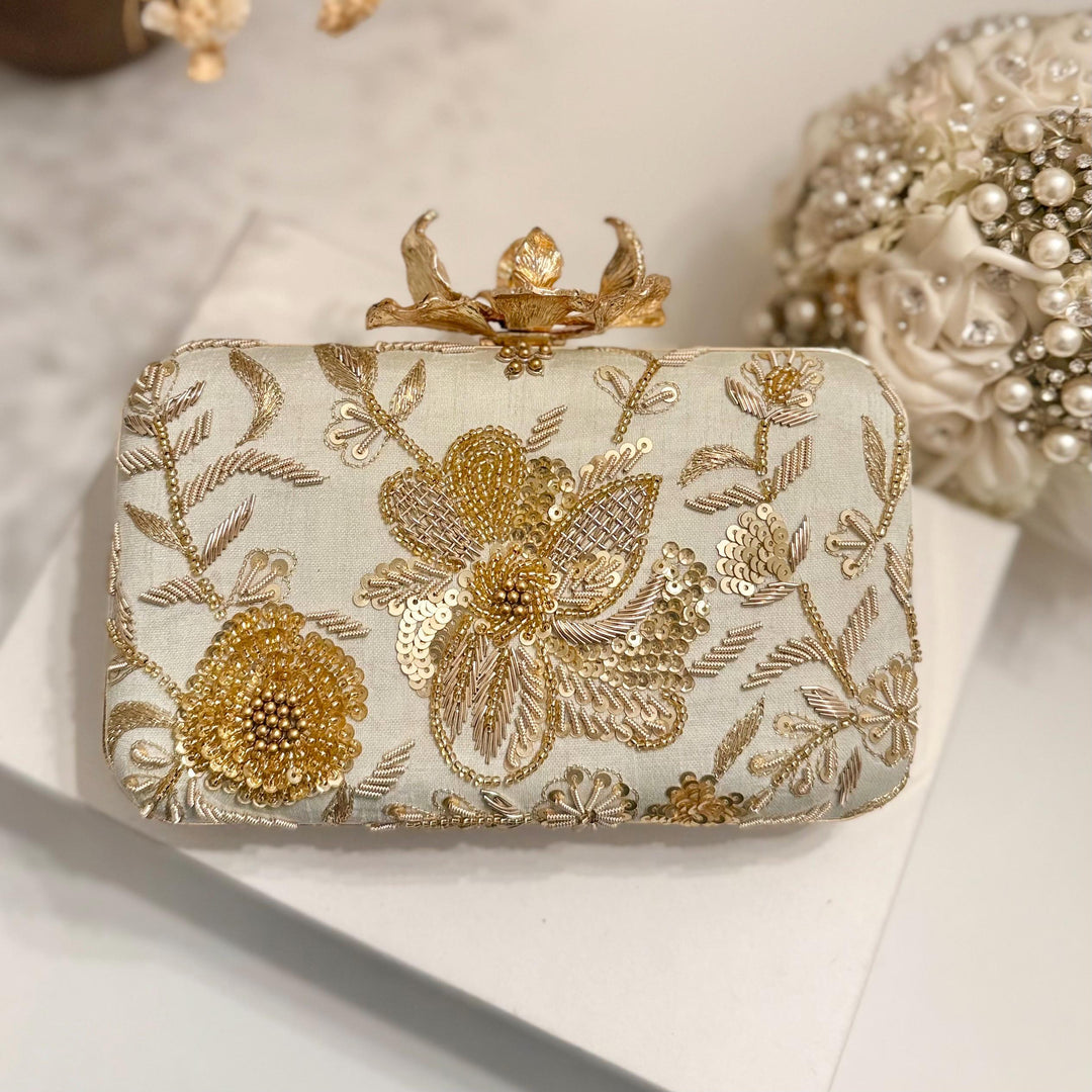 Mint Zardozi Clutch: Handmade Indian Velvet Box Clutch