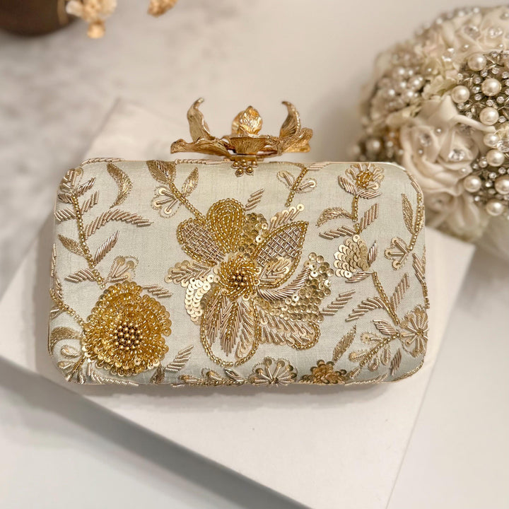 Mint Zardozi Clutch: Handmade Indian Velvet Box Clutch
