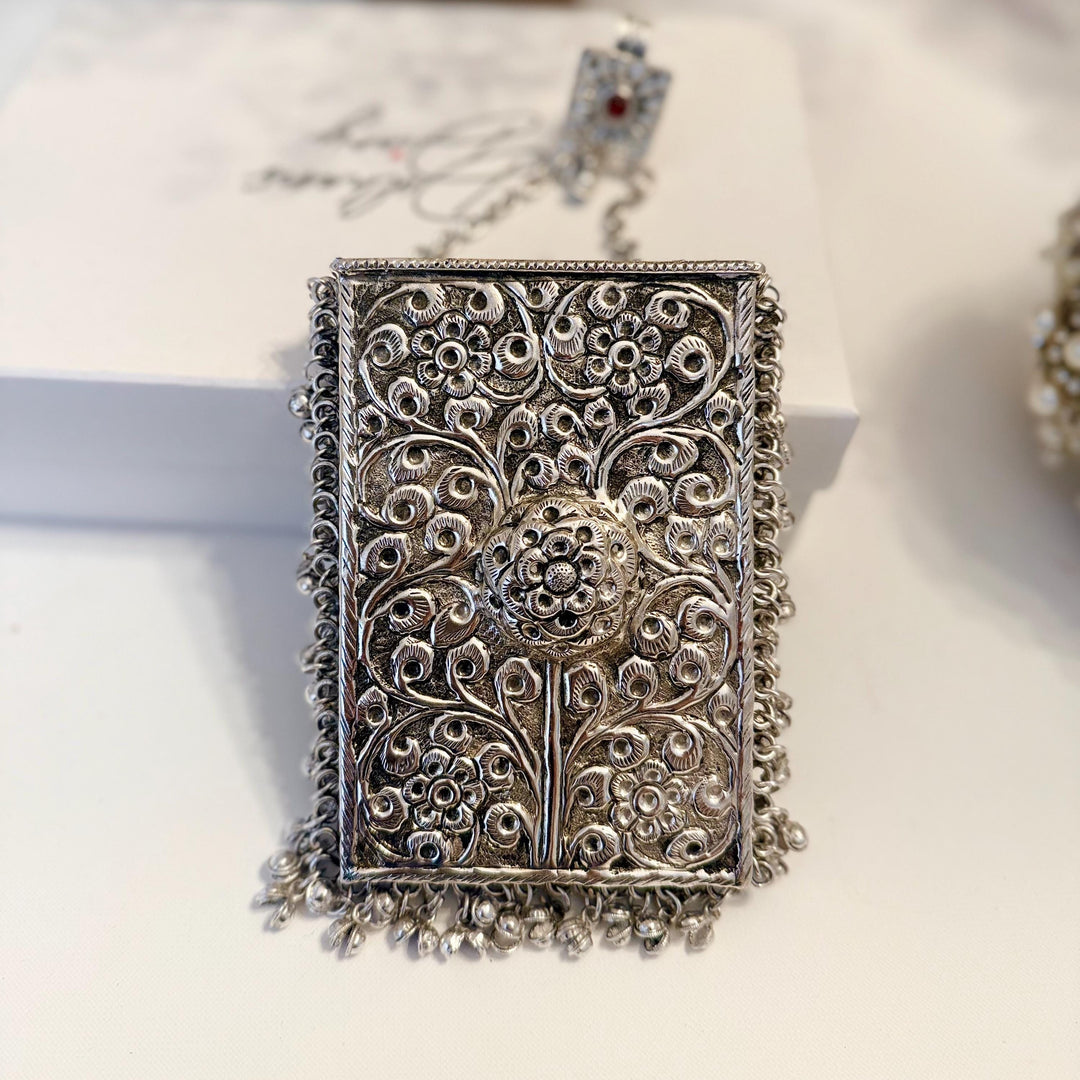 Mobile Shape Silver Clutch: Handmade Indian Brass Handbag with Emerald Pendant