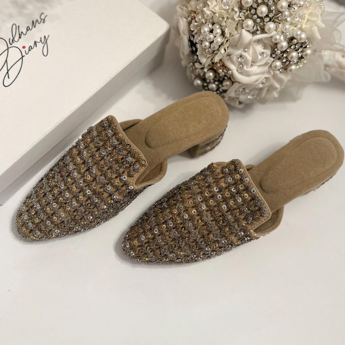 Beige Hand Embroidered Mules