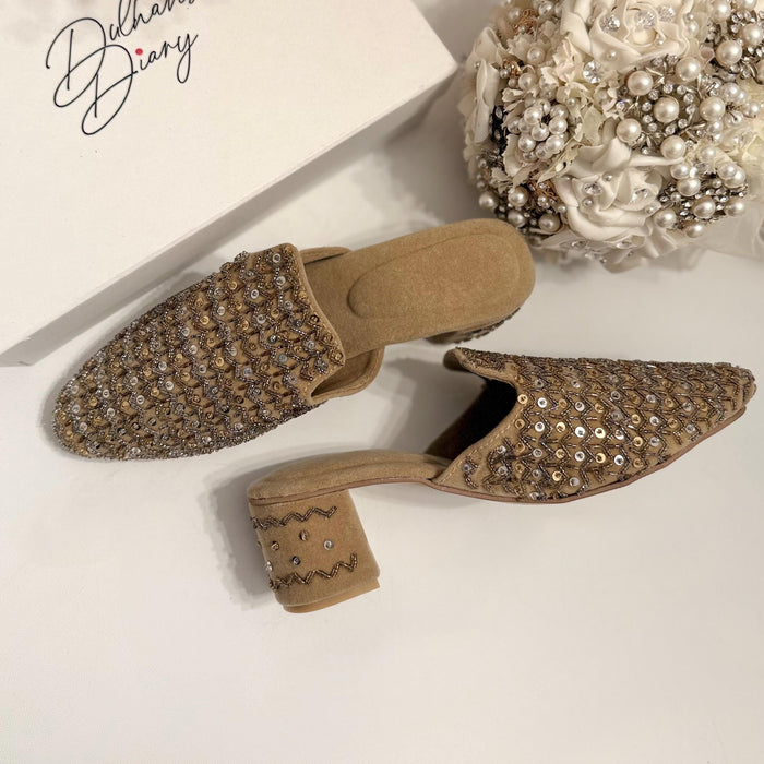 Beige Hand Embroidered Mules