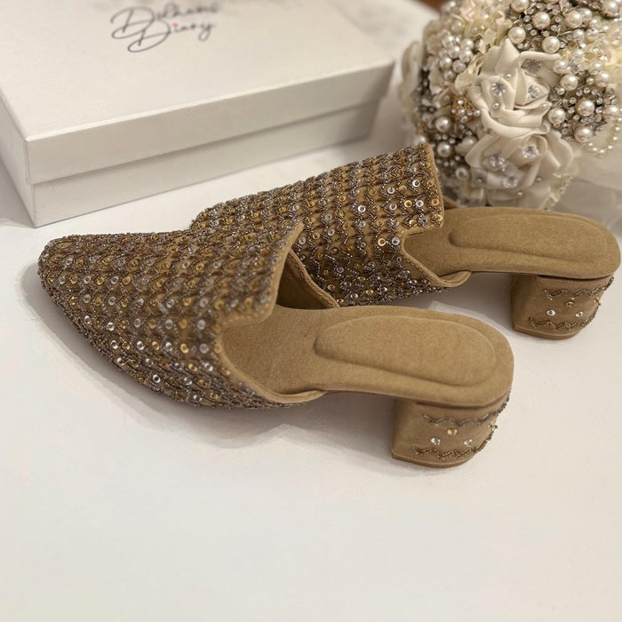 Beige Hand Embroidered Mules