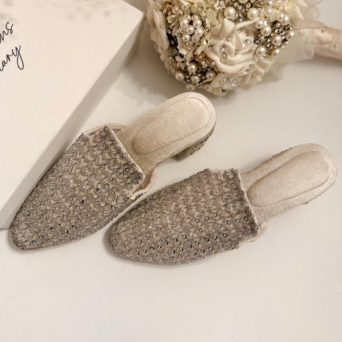 Silver White Mules| Handmade Bridal Shoes