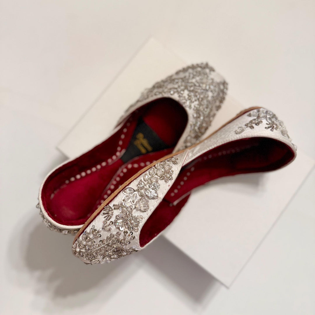 Handmade Silver Bridal Juttis: Sequin & Zardozi Embroidered Wedding Shoes