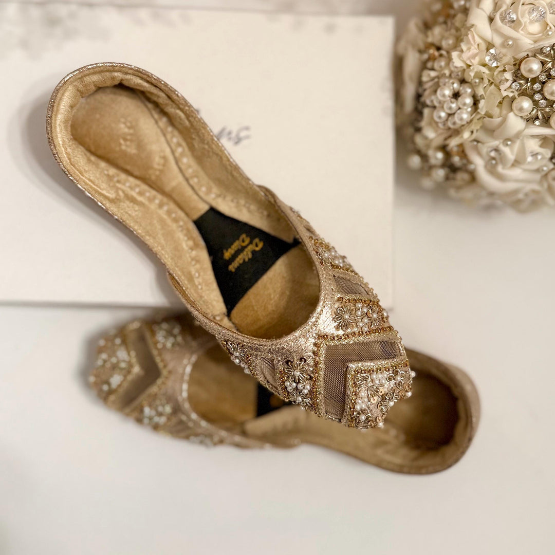Handmade Gold Bridal Jutti: Cutwork Embroidered Khussa Shoes